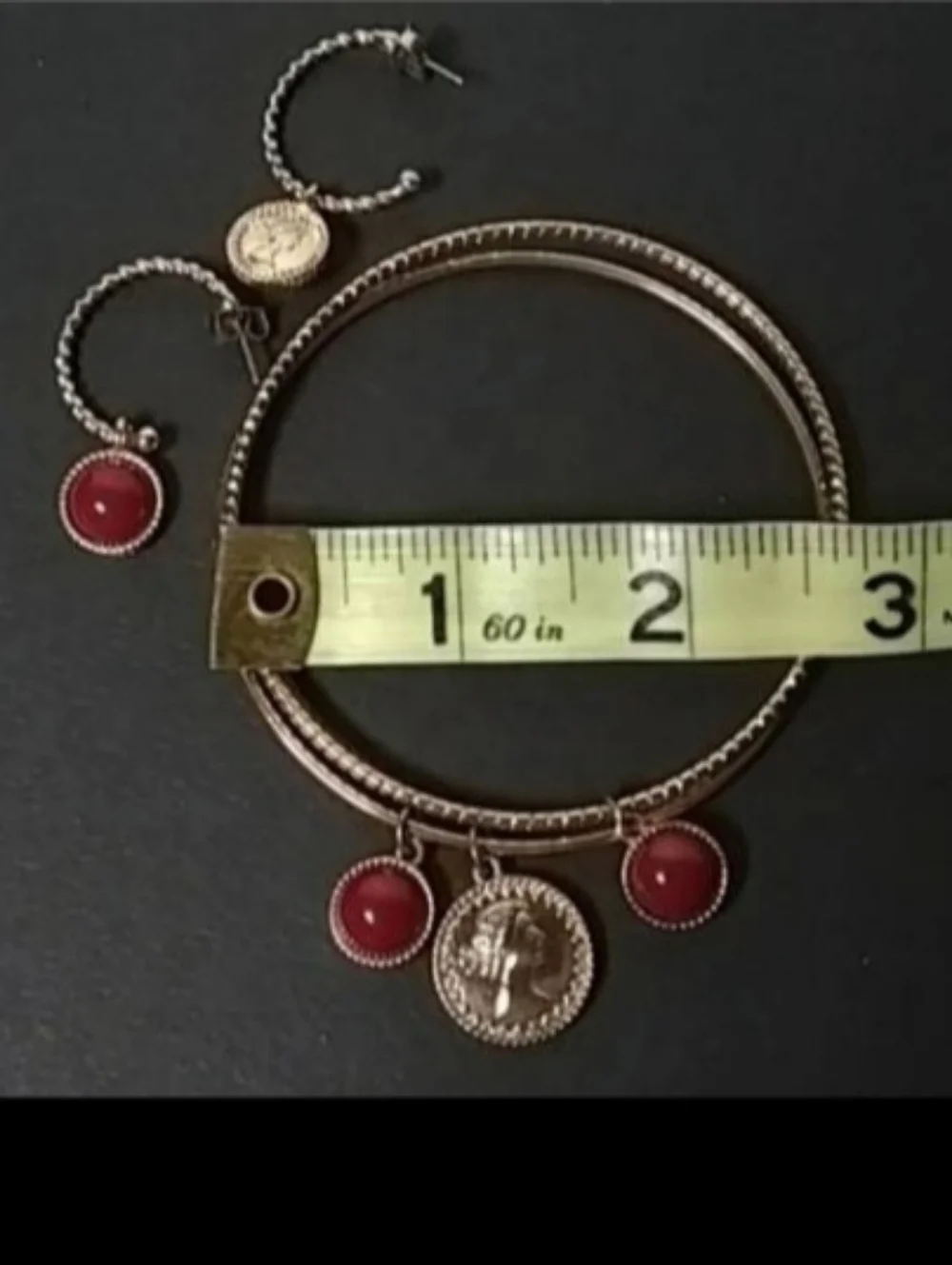 Gold-Tone Coin Charm Bangle Bracelets & Earrings with Red Enamel Accents | EUC